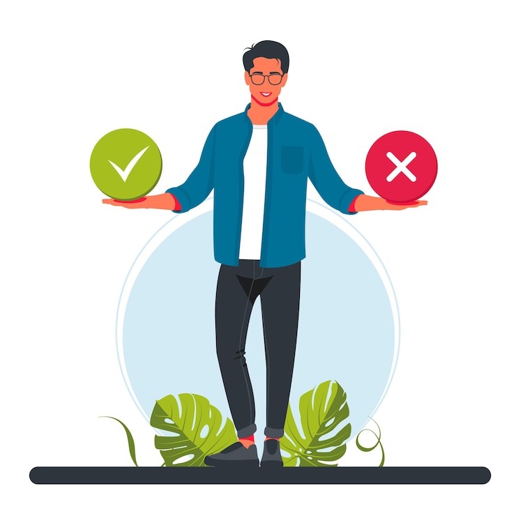 Vector a man holds right and wrong symbols in a circle. filling test in customer survey form. customer experiences and satisfaction concept. man putting check mark. vector illustration