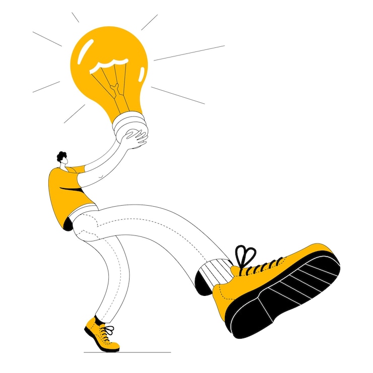 Vector a man in casual clothes proudly carries his idea in the form of a light bulb.