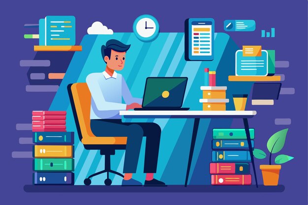 a man is focused on his laptop managing a backup database for big data in a vibrant workspace man with computer backup database big data files