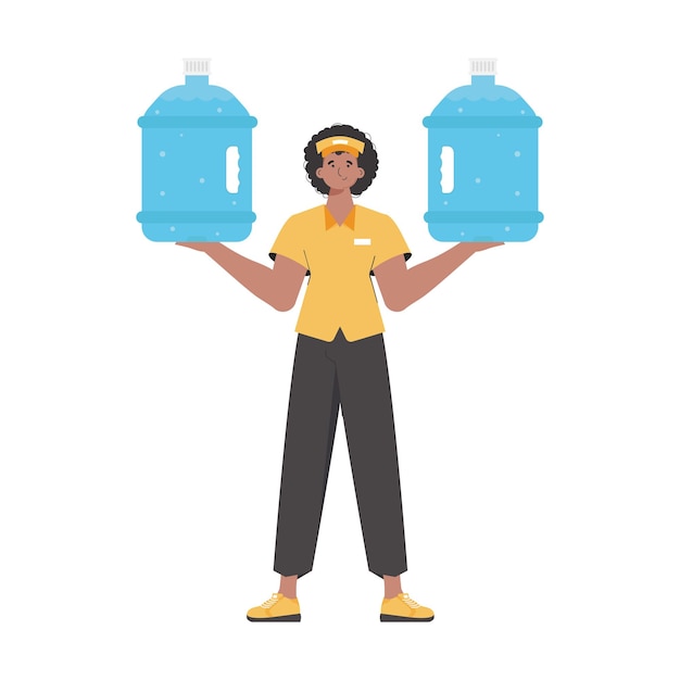 A man is holding a bottle of water Delivery concept Stylish character is depicted in full growth Isolated Vector