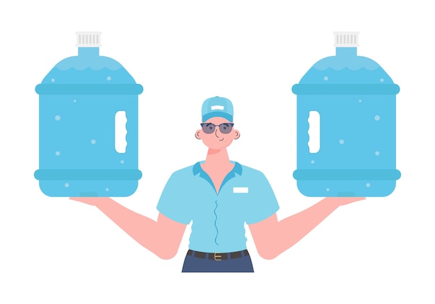 A man is holding a bottle of water Delivery concept The stylish character is depicted to the waist Isolated on white background Vector illustration