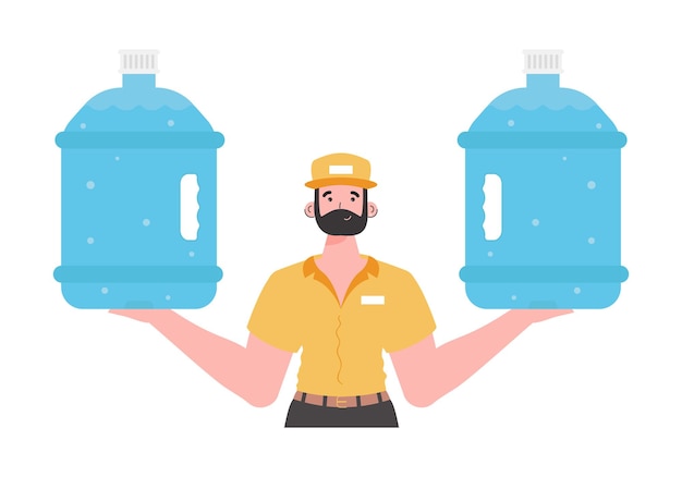 A man is holding a bottle of water Delivery concept The stylish character is depicted to the waist Isolated on white background Vector