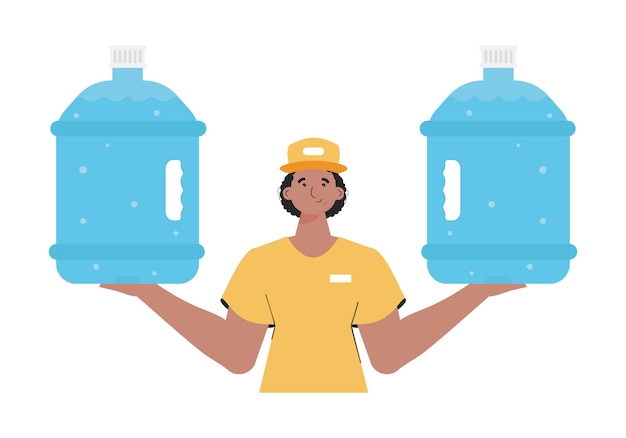 A man is holding a bottle of water Delivery concept The stylish character is depicted to the waist Isolated Vector illustration