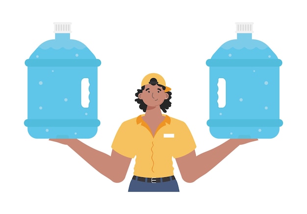 A man is holding a bottle of water Delivery concept The trendy character is shown to the waist Isolated Vector