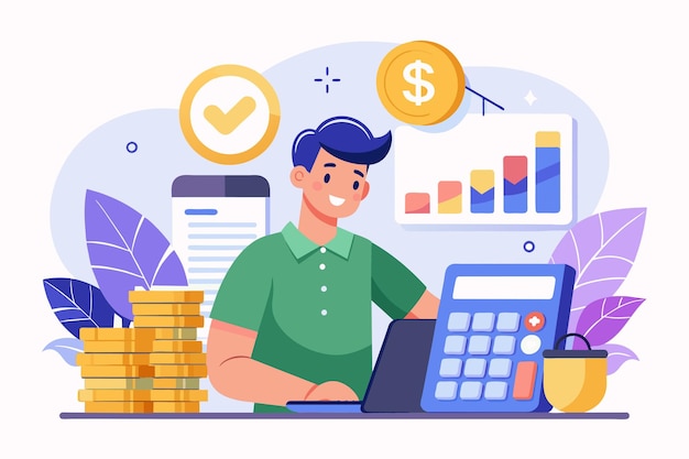 a man is sitting at a desk using a calculator to count stacks of coins for business income calculations worker is calculating business income simple and minimalist flat vector illustration