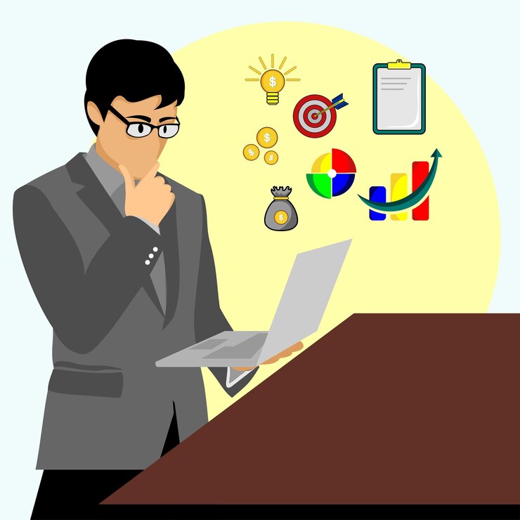 Vector a man is standing at a desk with a laptop and a picture of a man with a pen on his chest