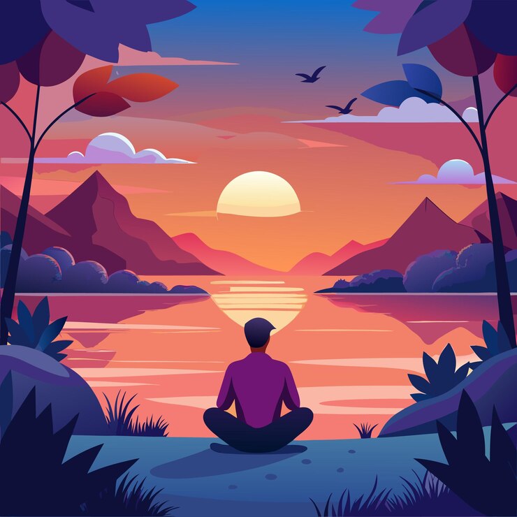 Vector a man meditating in front of a lake with mountains in the background
