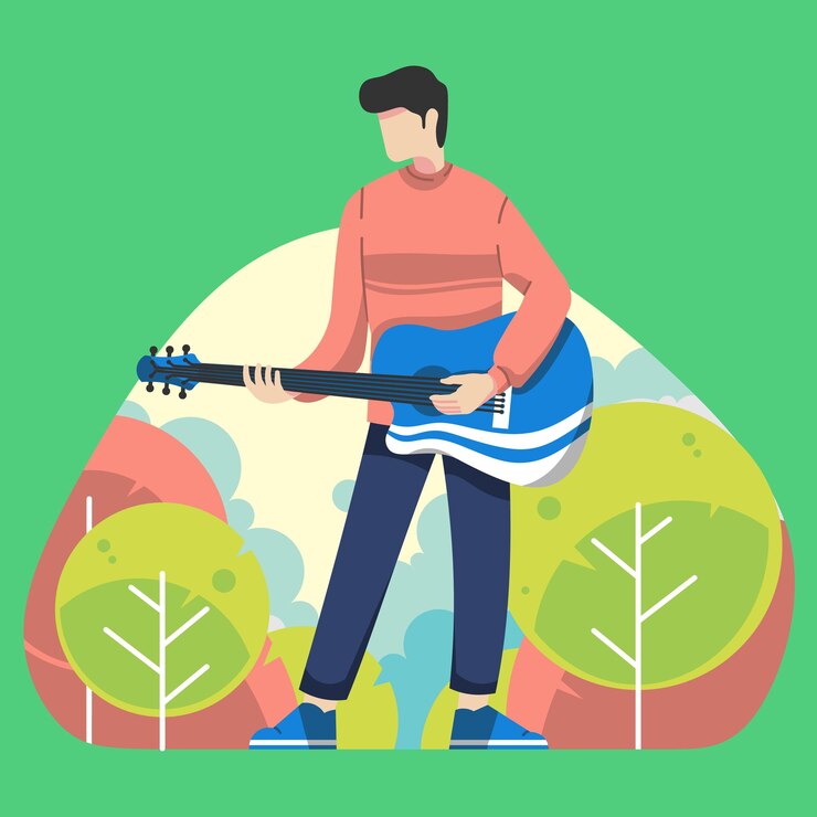 Vector a man playing guitar in front of a green background.