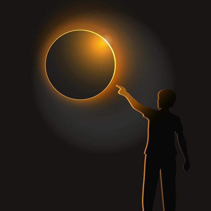 Vector a man points his index finger at a solar eclipse