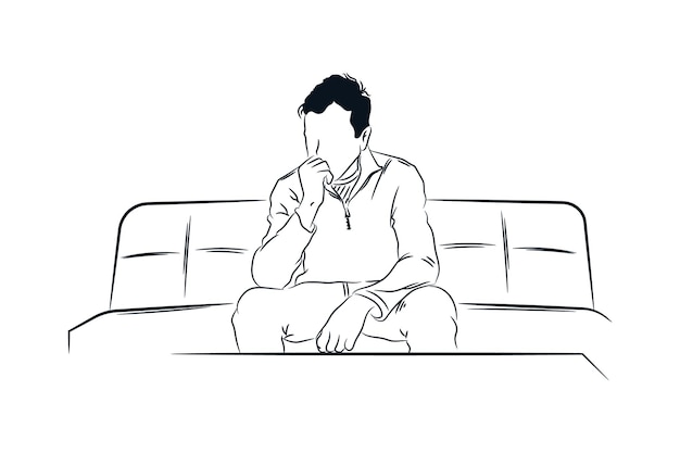 a man sit daydreaming biting his nails feeling anxious hand drawn line drawing vector illustration