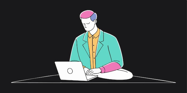 a man sits at a desk with a laptop and a logo of a man working on it