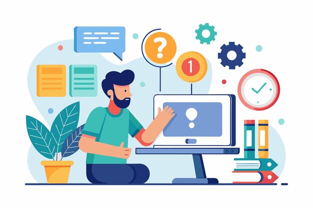 a man sitting in front of a computer screen looking for solutions to errors a man looking for solutions to computer errors simple and minimalist flat vector illustration