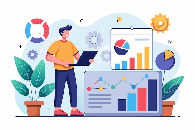 A man stands in front of a tablet displaying a financial chart for data analysis Data analysis and business financial report trending Simple and minimalist flat Vector Illustration