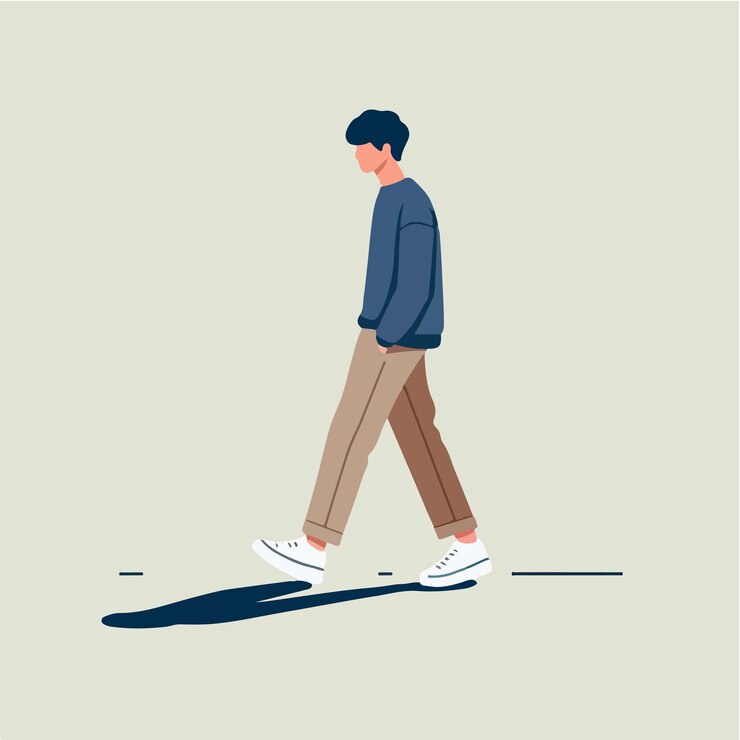 Vector a man walks in a blue jacket and brown pants