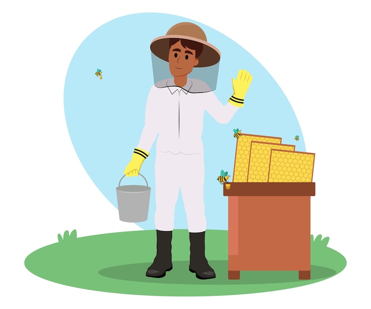 Vector a man with a hat and a bucket with a yellow glove on his head