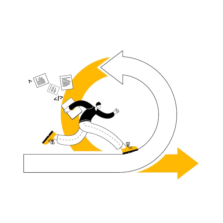 Vector a man with a laptop runs along the arrow