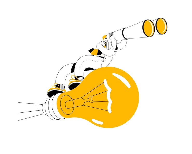 Vector a man with binoculars flies to a large electric light bulb.
