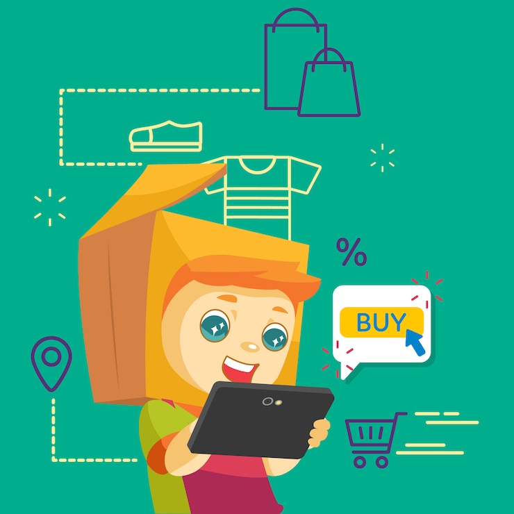 Vector a mascot with package head online shopping using tablet