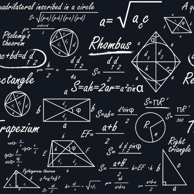 a mathematical seamless pattern with geometric shapes and formulas