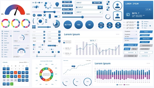 A modern interface kit with buttons graphs and elements for creating web applications and dashboards ideal for business statistics and finance