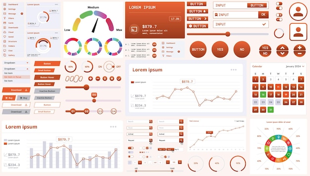 A modern interface kit with buttons graphs and elements for creating web applications and dashboards ideal for business statistics and finance