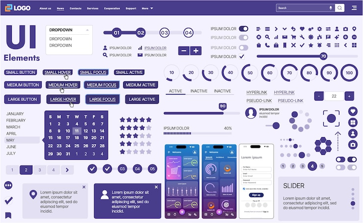 Vector a modern ui kit featuring a collection of buttons icons navigation menus and responsive design