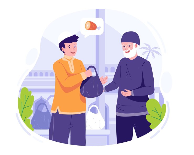Vector a muslim person gives alms or a plastic bag of sacrificial eid adha meat to the poor illustration