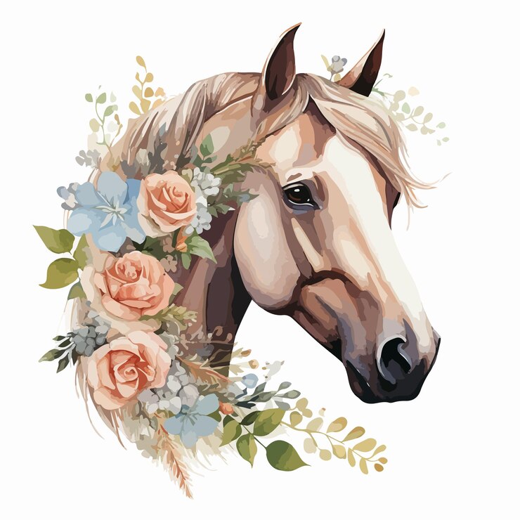 a painting of a horse with flowers and a horse with flowers in the background
