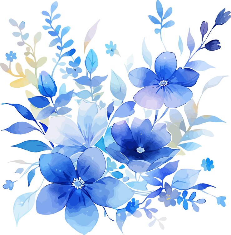 A painting of flowers with blue and yellow flowers