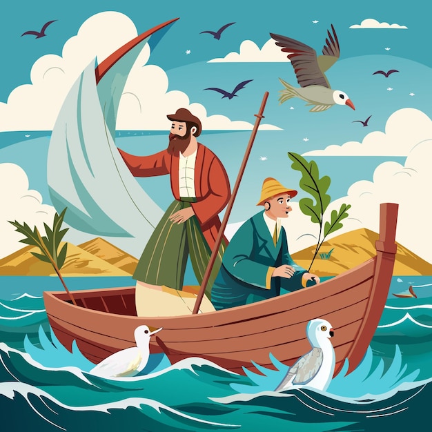 a painting of two men in a boat with birds and birds