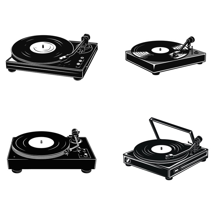 Vector a pair of old record player and turntables are shown