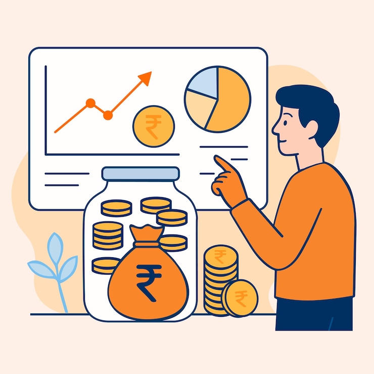 Vector a person analyses a dashboard displaying stocks rupee bags and coins