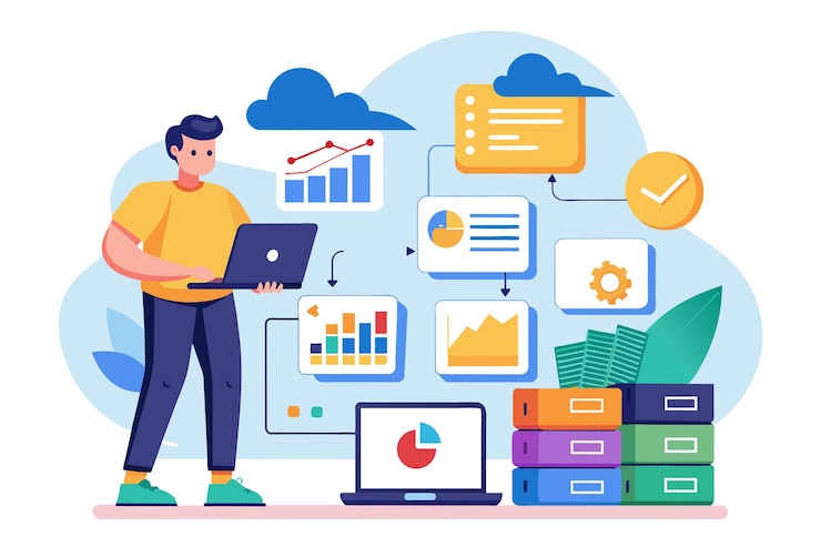 Vector a person is using a laptop to analyze and visualize data stored in the cloud with various charts and graphs analyzing data in cloud storage using a simple illustration