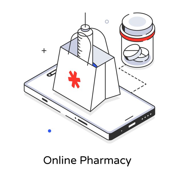 A phone with a jar of pills on it that says online pharmacy.