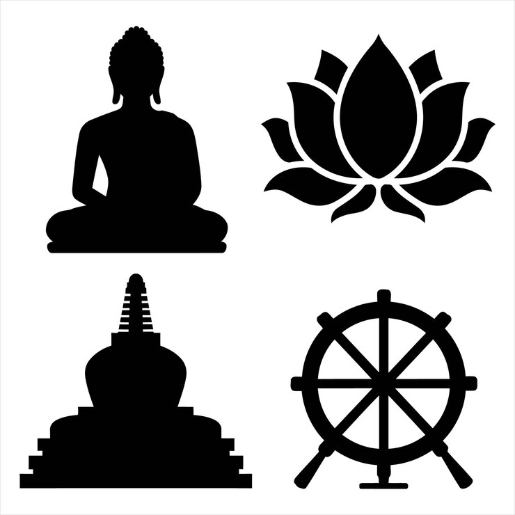 a picture of a buddha and a boat with a boat wheel and a boat wheel