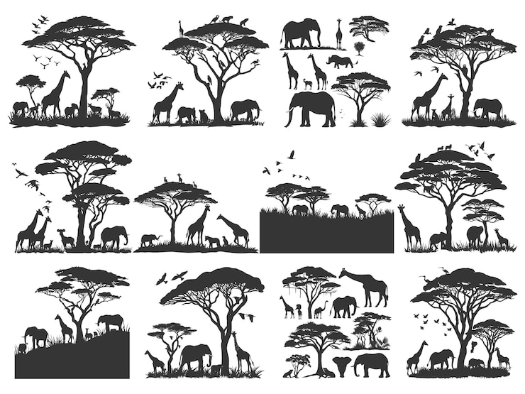 Vector a picture of a tree with animals and trees
