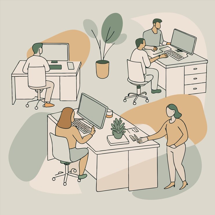 Vector a picture of people in a room with a computer and a plant