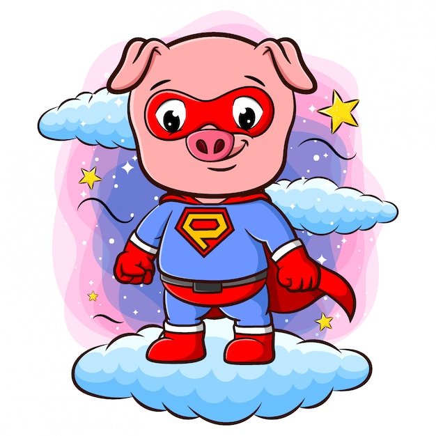 A pig wearing superhero costume and stand on cloud