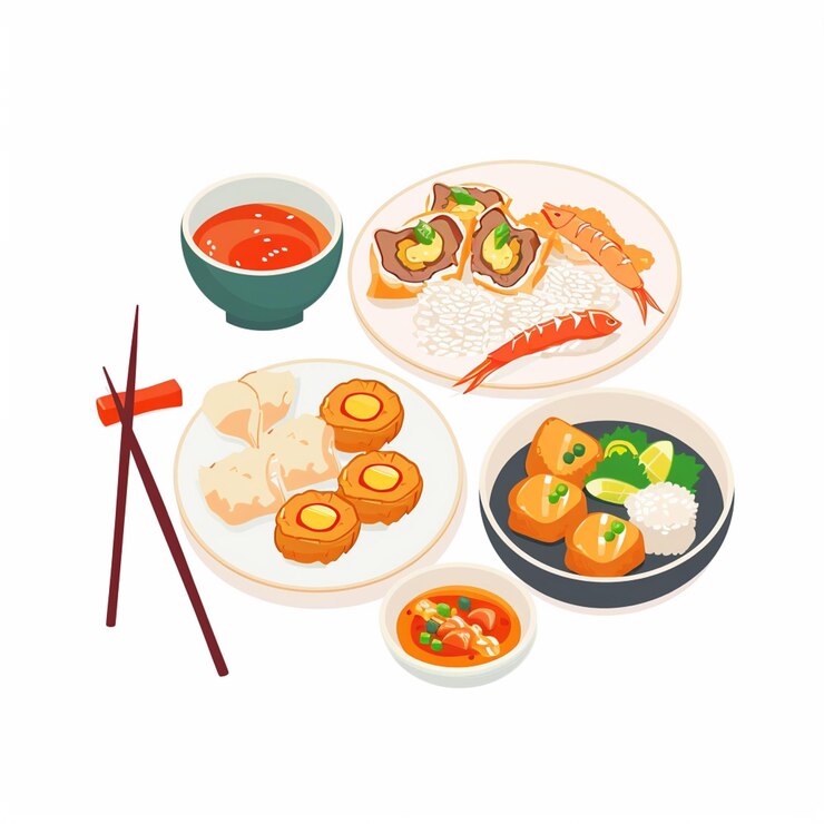 Vector a plate of food with a red chopstick on it
