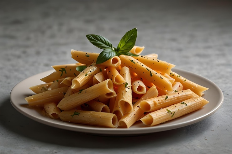 Vector a plate of pasta with basil on top of it