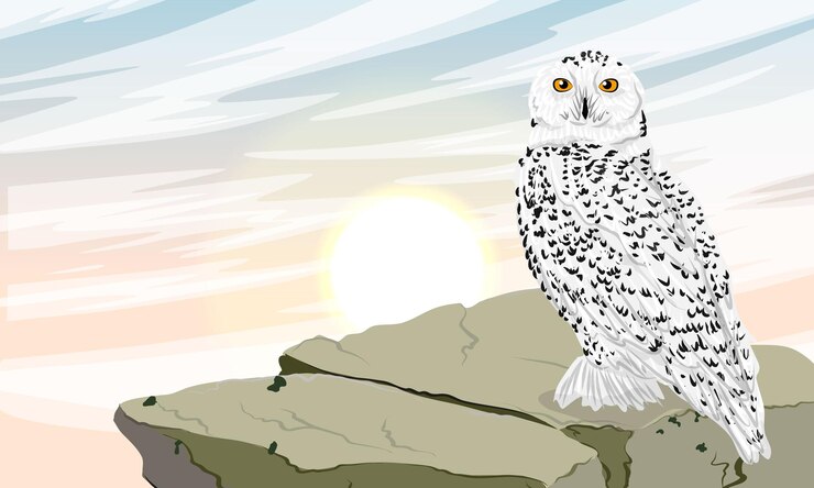 Vector a polar owl sits on a large stone wild birds of the arctic dawn realistic vector landscape