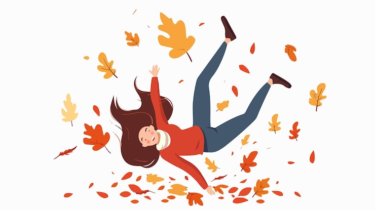 Vector a poster for a girl with her arms up in the air and autumn leaves