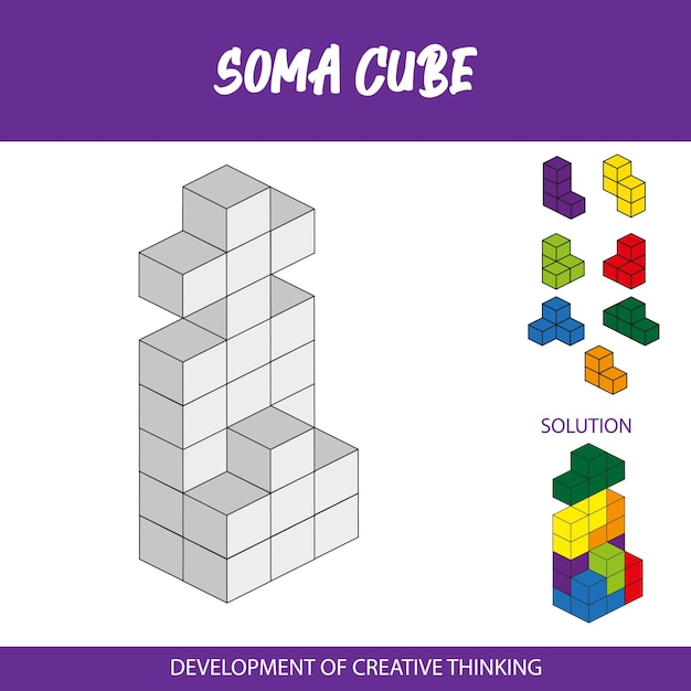 A poster for soma cube shows a cube and solution.