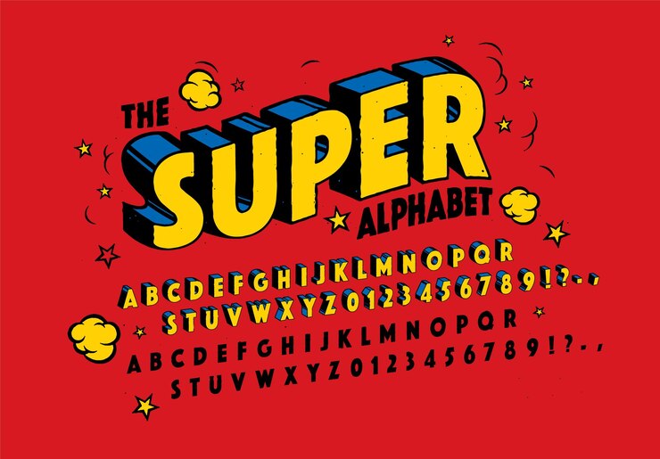 a poster for the super alphabet with the word super written on it