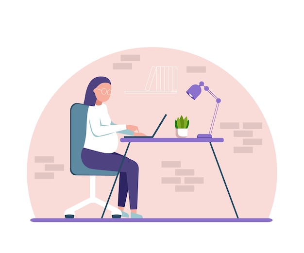 A pregnant woman works at the computer at home. Cartoon character, freelancer, student