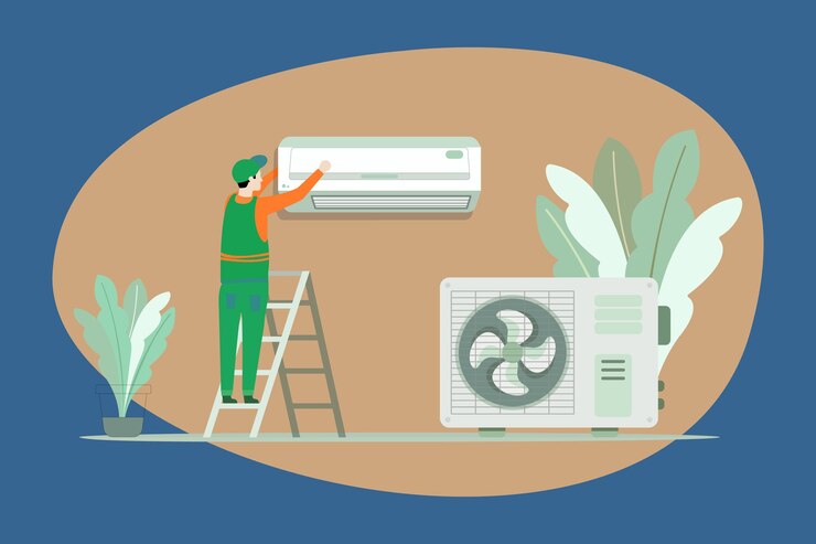 Vector a professional worker stands on the stairs, installs an air conditioner, vector illustration