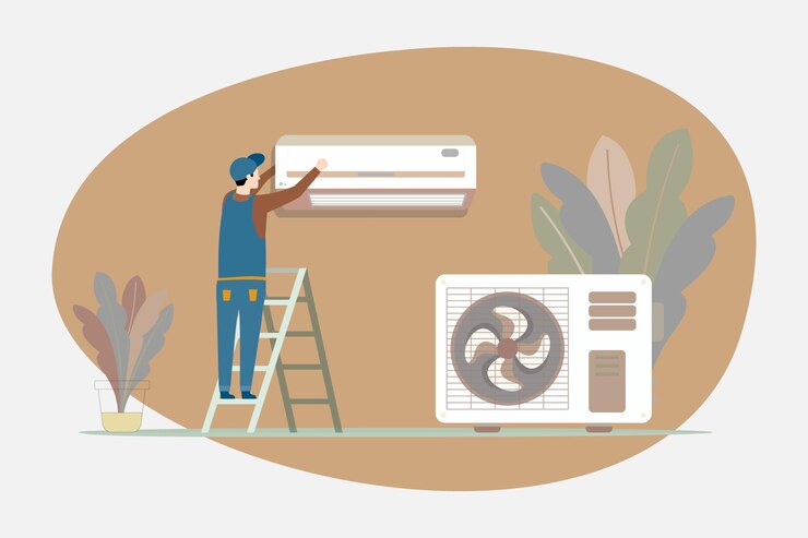 Vector a professional worker stands on the stairs, installs an air conditioner, vector illustration