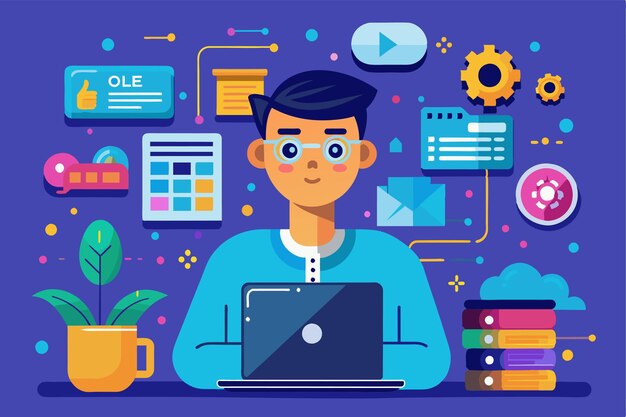 a programmer engages with a laptop immersed in dynamic tasks surrounded by colorful digital elements programmer customizable semi flat illustration