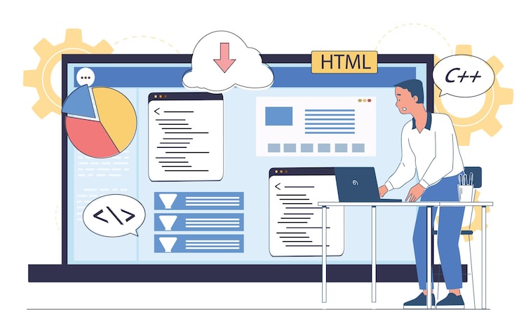 Vector a programmer is coding at a desk with a large screen showing charts html and code elements in a flat