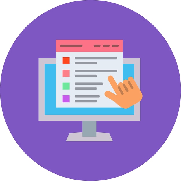 a purple computer monitor with a hand pointing at a red and green button